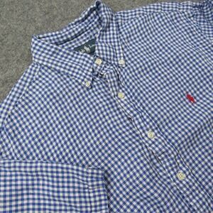 Ralph Lauren Shirt Mens Large‎ Blue Gingham Check Linen Short Sleeve Classic Fit